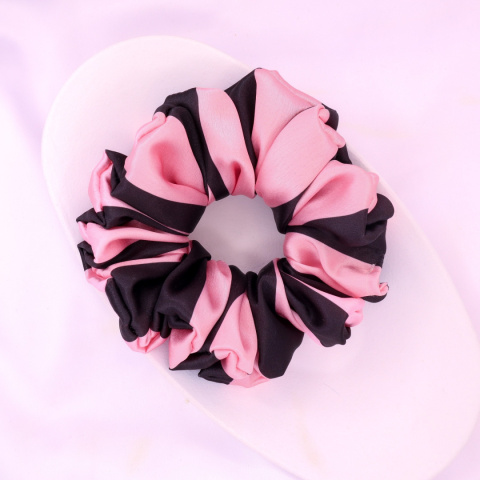 Gumka do włosów - scrunchie L czarno różowe paski